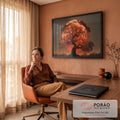 Quadro Decorativo Grande Árvore Solitária para Sala Vermelho | quadros decorativos | árvore seca em silhueta contra lua vermelha gigante ao entardecer | em ambiente 2 | Porao dos Quadros