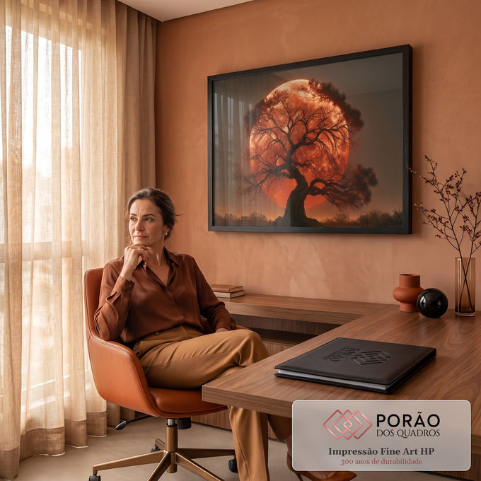Quadro Decorativo Grande Árvore Solitária para Sala Vermelho | quadros decorativos | árvore seca em silhueta contra lua vermelha gigante ao entardecer | em ambiente 2 | Porao dos Quadros