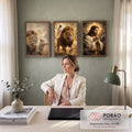 Quadro Decorativo Kit 3 Telas Leão Coroado para Sala Dourado | quadros decorativos | leão coroado, cordeiro e Jesus em oração com luz dourada e halo | em ambiente 2 | Porao dos Quadros
