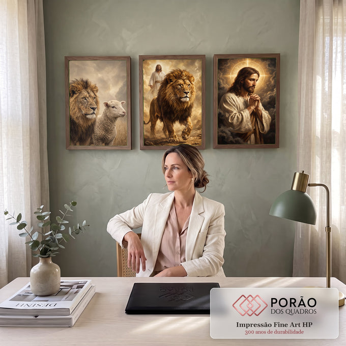 Quadro Decorativo Kit 3 Telas Leão Coroado para Sala Dourado | quadros decorativos | leão coroado, cordeiro e Jesus em oração com luz dourada e halo | em ambiente 2 | Porao dos Quadros