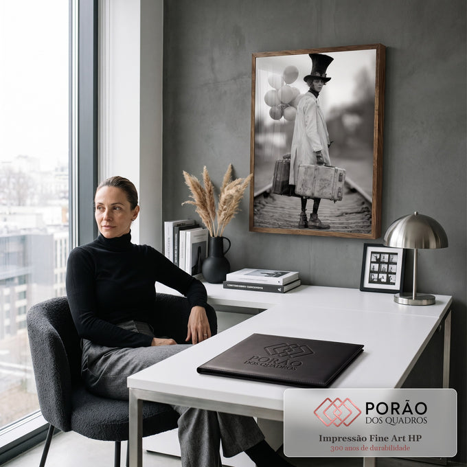 Mímico de cartola com malas antigas e balões coloridos sobre trilhos, foto preto e branco, quadro decorativo