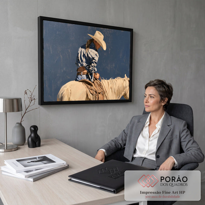 Quadro Decorativo Grande Cowgirl de Chapéu para Sala Azul | quadros decorativos | cowgirl de chapéu branco montada em cavalo creme sobre fundo azul | em ambiente 2 | Porao dos Quadros