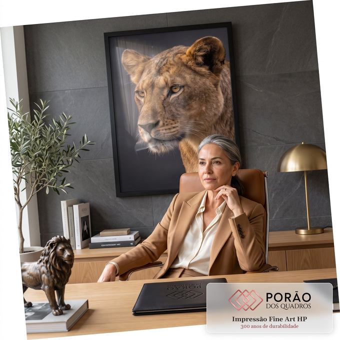 Quadro Decorativo Grande Leoa em Retrato para Sala Dourado | quadros decorativos | leoa em close com olhos âmbar e bigodes brancos sobre fundo cinza | em ambiente 2 | Porao dos Quadros
