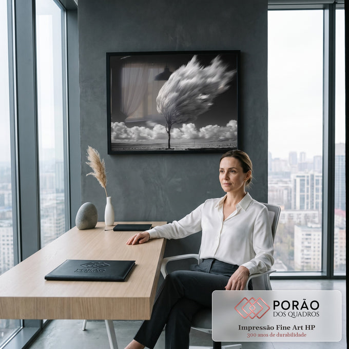 Árvore solitária com copa em movimento pelo vento, céu escuro e nuvens em preto e branco, quadro decorativo
