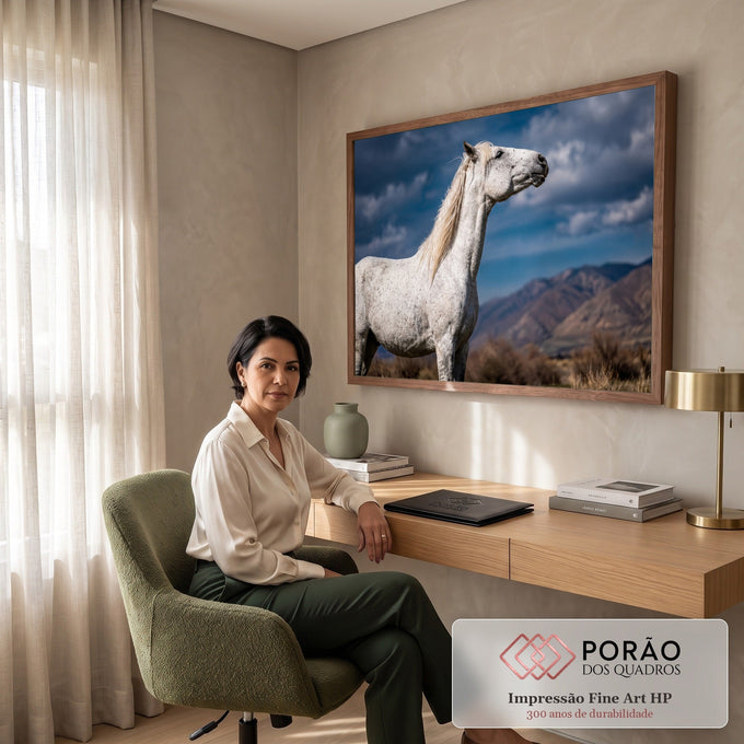 Cavalo branco tordilho de crina loira em perfil, céu azul com nuvens e montanhas ao fundo, quadro decorativo