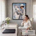 Mulher de chapéu e vestido de renda acariciando cavalo branco em pintura empastada, quadro decorativo