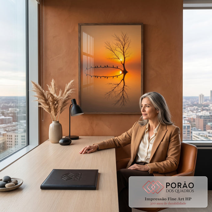 Árvore seca e aves em galho curvo refletidos no lago ao pôr do sol laranja, quadro decorativo