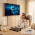 Perfil de mulher de olhos fechados submersa, cabelos virando ondas azuis no fundo do mar, quadro decorativo