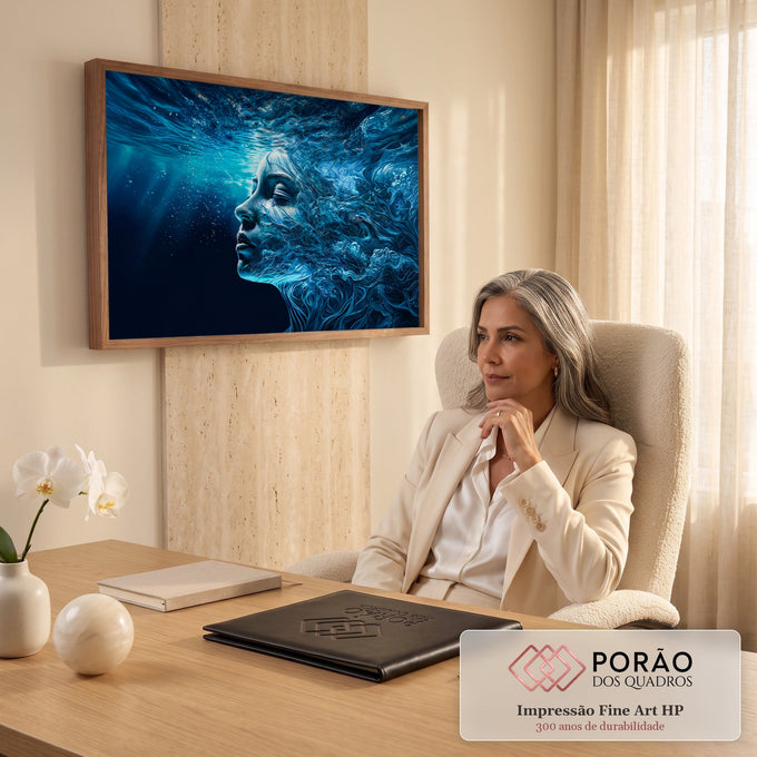 Perfil de mulher de olhos fechados submersa, cabelos virando ondas azuis no fundo do mar, quadro decorativo