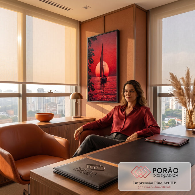 Quadro Decorativo Veleiro ao Pôr do Sol Vermelho | quadros decorativos | veleiro em silhueta diante de um sol vermelho gigante no horizonte do mar | em Quadros para Escritorio | Porao dos Quadros