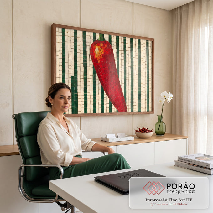 Quadro Decorativo Grande Pimenta Vermelha para Área Gourmet | quadros decorativos | pimenta vermelha em mosaico com cabo verde sobre fundo listrado verde e bege | em ambiente 2 | Porao dos Quadros