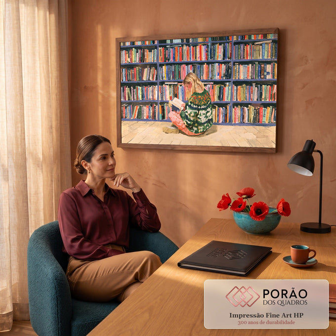 Quadro Decorativo Grande Mulher Lendo Verde para Sala | quadros decorativos | mulher loira sentada lendo livro diante de estante colorida de livros | em ambiente 2 | Porao dos Quadros
