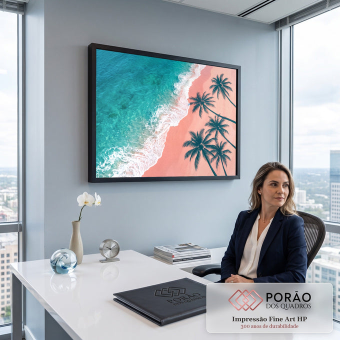 Quadro Decorativo Grande Praia Tropical Azul para Sala | quadros decorativos | vista aérea de praia com mar turquesa, ondas e silhuetas de coqueiros sobre areia rosa | em ambiente 2 | Porao dos Quadros