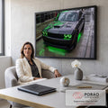 Quadro Decorativo Grande Carro Luzes Verdes para Sala Cinza | quadros decorativos | carro esportivo cinza com faróis em anéis de luz verde neon sobre piso molhado | em ambiente 2 | Porao dos Quadros