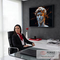Quadro Decorativo Grande Busto de Davi para Sala Branco | quadros decorativos | busto de Davi em mármore branco com rachaduras de luz laranja sobre fundo preto | em ambiente 2 | Porao dos Quadros