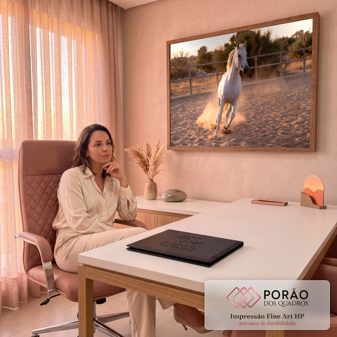 Cavalo branco galopando em picadeiro de areia com poeira dourada ao pôr do sol, quadro decorativo