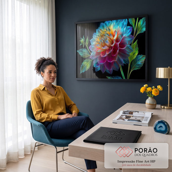 Quadro Decorativo Grande Dália Colorida para Sala Azul | quadros decorativos | dália em close com pétalas azuis, amarelas e magenta sobre fundo preto | em ambiente 2 | Porao dos Quadros