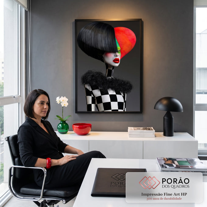 Mulher surreal de cabelo preto, batom vermelho e roupa xadrez preto e branco, quadro decorativo
