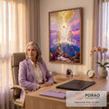 Quadro Decorativo Grande Transfiguração de Jesus para Sala | quadros decorativos | Jesus transfigurado em luz dourada no monte com Moisés, Elias e pomba branca | em ambiente 2 | Porao dos Quadros