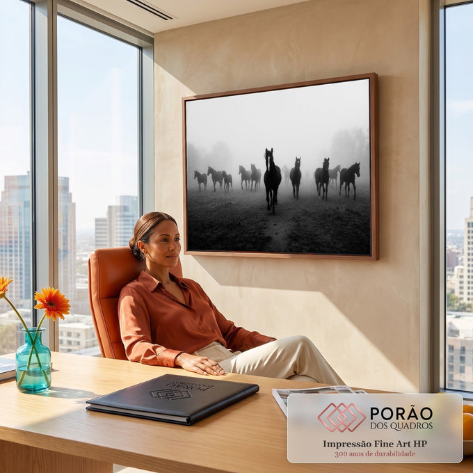 Cavalo negro à frente de uma manada no campo com névoa, em fotografia preto e branco, quadro decorativo