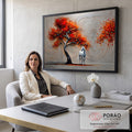 Árvore de folhas vermelhas e laranja com cavalo branco sobre fundo cinza em relevo, quadro decorativo