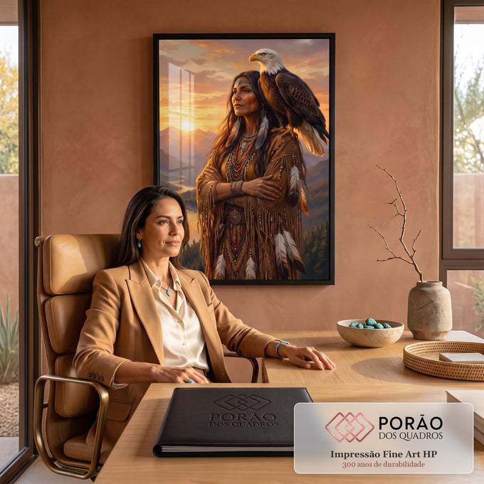 Quadro Decorativo Grande Mulher Indígena para Sala Laranja | quadros decorativos | mulher indígena com águia no ombro diante de pôr do sol e montanhas | em ambiente 2 | Porao dos Quadros