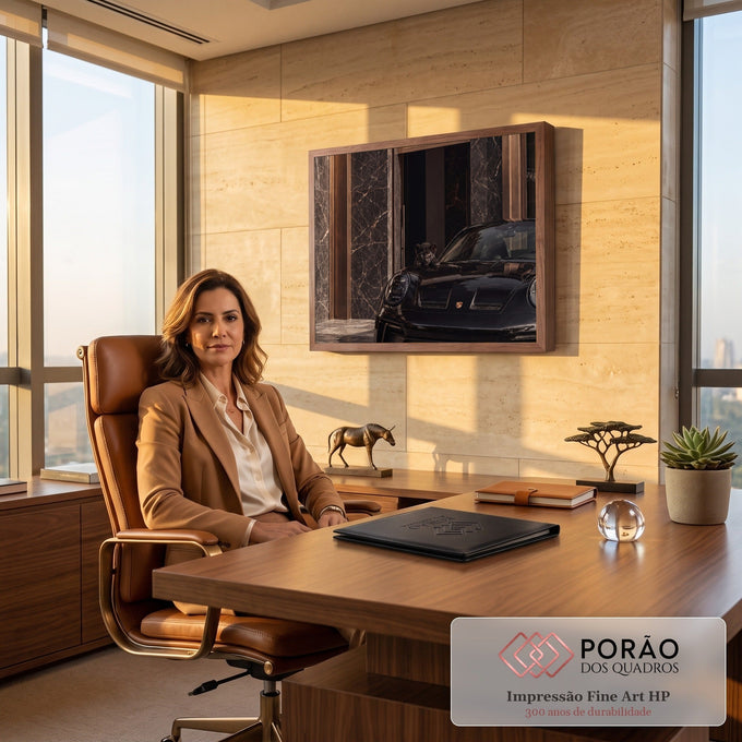 Quadro Decorativo Grande Filhote de Pantera para Sala Preto | quadros decorativos | filhote de pantera negra apoiado no capô de um carro esportivo preto | em ambiente 2 | Porao dos Quadros