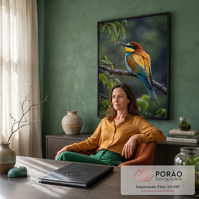 Pássaro abelharuco colorido pousado em galho sob chuva, com folhas verdes ao fundo, quadro decorativo