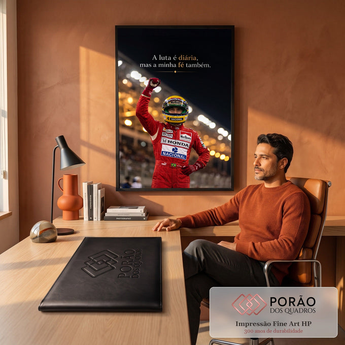 Ayrton Senna de macacão vermelho e capacete amarelo com punho erguido e frase de fé, quadro decorativo