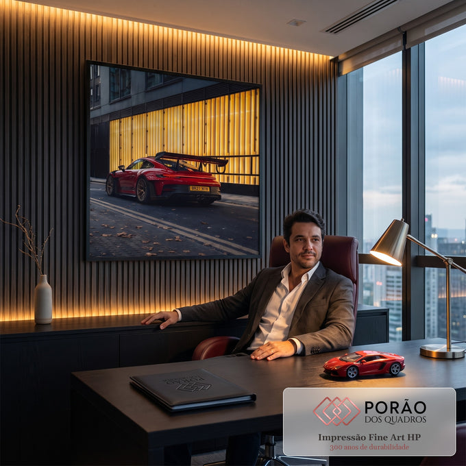 Porsche 911 GT3 RS vermelho de traseira em rua urbana com fachada dourada iluminada, quadro decorativo