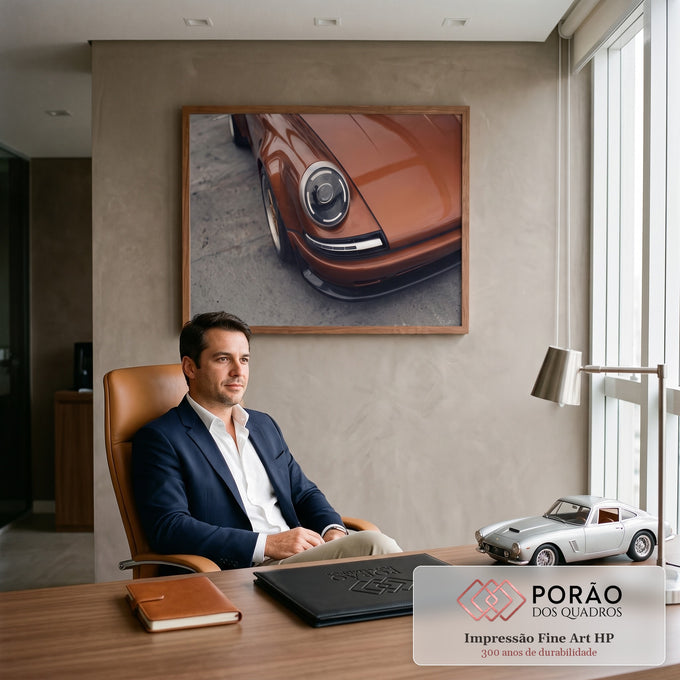 Close do farol redondo com LED de Porsche clássico cor cobre sobre asfalto cinza, quadro decorativo