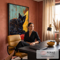 Quadro Decorativo Gato Preto de Olhos Amarelos em Pintura | quadros decorativos | gato preto de olhos amarelos deitado sobre tecido vermelho e almofada amarela | em Quadros para Quarto | Porao dos Quadros