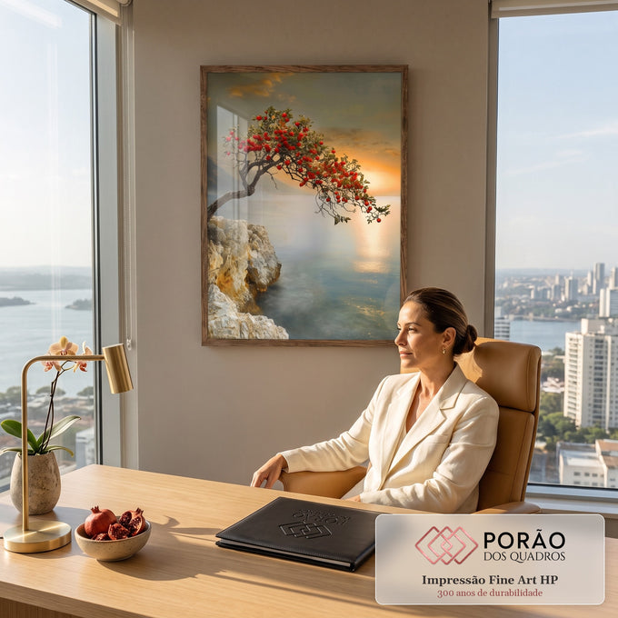 Quadro Decorativo Grande Árvore com Frutos para Sala Laranja | quadros decorativos | árvore com frutos vermelhos inclinada sobre penhasco com pôr do sol ao fundo | em ambiente 2 | Porao dos Quadros