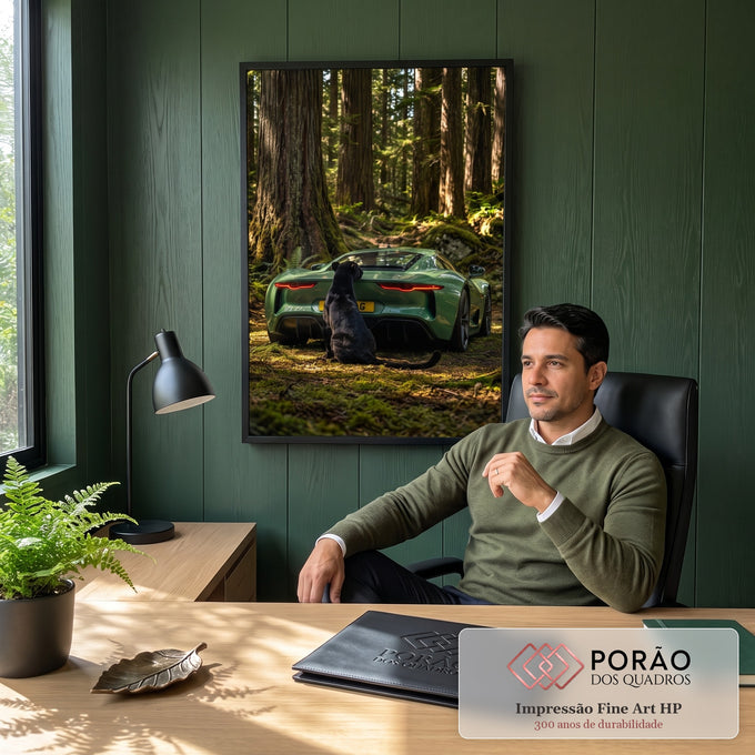 Pantera negra sentada atrás de carro esportivo verde em floresta de sequoias, quadro decorativo