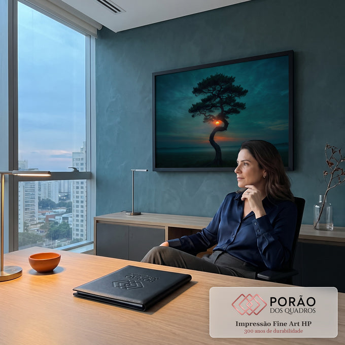 Quadro Decorativo Grande Árvore Retorcida Silhueta para Sala | quadros decorativos | árvore de tronco retorcido em silhueta com sol alaranjado entre os galhos ao entardecer | em ambiente 2 | Porao dos Quadros