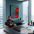 Homem de chapéu com maleta vermelha, casa e sol vermelhos refletidos na água azul, quadro decorativo