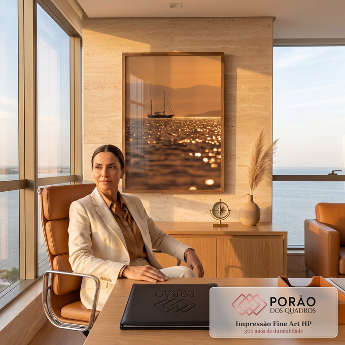 Veleiro em silhueta sobre mar cintilante ao pôr do sol laranja com montanhas, quadro decorativo