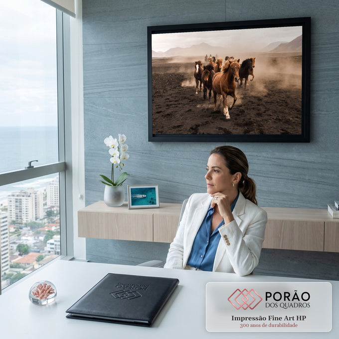Quadro Decorativo Grande Cavalos Selvagens Manada para Sala | quadros decorativos | manada de cavalos correndo em terreno escuro com poeira e montanhas ao fundo | em ambiente 2 | Porao dos Quadros