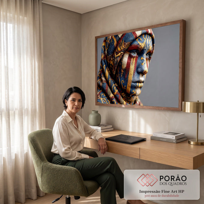 Rosto de mulher com pintura tribal azul, dourada e vermelha e lenço de tecido étnico, quadro decorativo