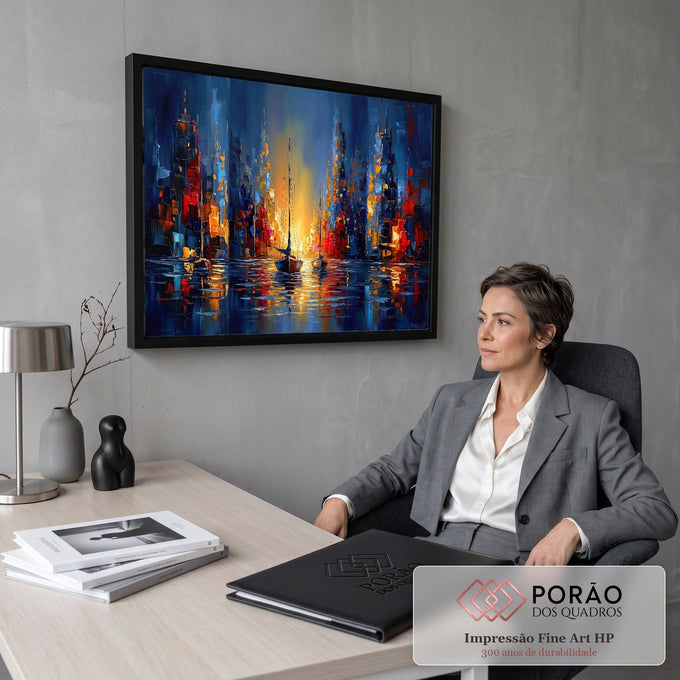 Quadro Decorativo Grande Veleiros em Canal para Sala Azul | quadros decorativos | dois veleiros em canal urbano com luz dourada entre prédios azuis e vermelhos | em ambiente 2 | Porao dos Quadros