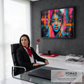Quadro Decorativo Grande Retrato Feminino Azul para Sala | quadros decorativos | rosto feminino pintado em azul laranja e rosa com tinta escorrida ao fundo | em ambiente 2 | Porao dos Quadros