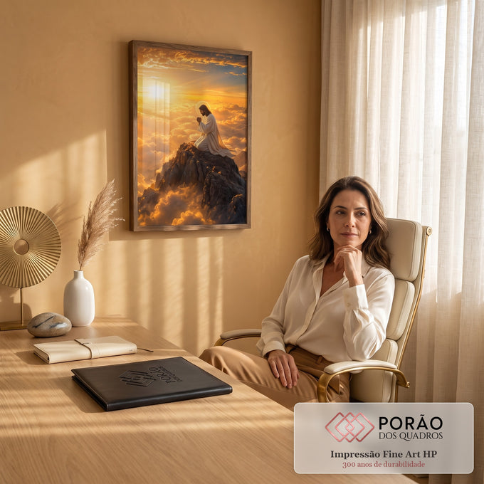 Quadro Decorativo Grande Jesus em Oração Dourado para Sala | quadros decorativos | Jesus ajoelhado em oração no topo de uma montanha sobre mar de nuvens douradas | em ambiente 2 | Porao dos Quadros