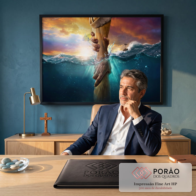 Quadro Decorativo Grande Mãos se Segurando para Sala Azul | quadros decorativos | mão segurando pulso na linha d'água do mar sob céu de pôr do sol dramático | em ambiente 2 | Porao dos Quadros