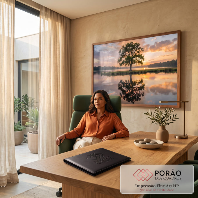 Quadro Decorativo Grande Árvore Solitária Nuvens para Sala | quadros decorativos | árvore solitária verde refletida em lago calmo durante pôr do sol | em ambiente 2 | Porao dos Quadros
