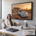 Quadro Decorativo Grande Carro Antigo para Sala Laranja | quadros decorativos | carro conversível vintage azul com cachorro dachshund no deserto ao pôr do sol | em ambiente 2 | Porao dos Quadros
