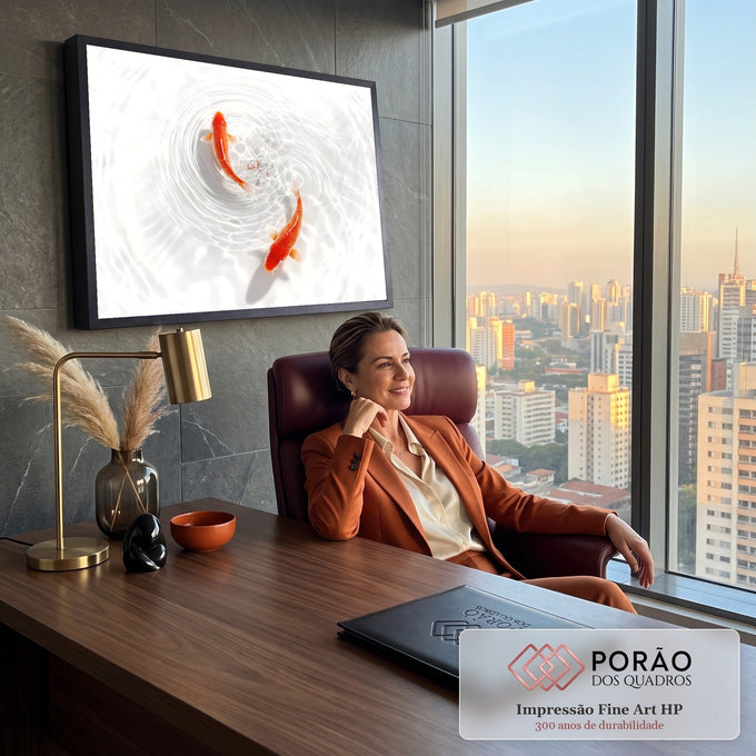 Dois peixes koi laranja nadando em círculo sobre água branca com ondulações e bolhas, quadro decorativo