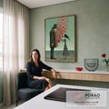 Mulher de vestido de poá tira corações vermelhos do peito de homem de musgo, quadro decorativo