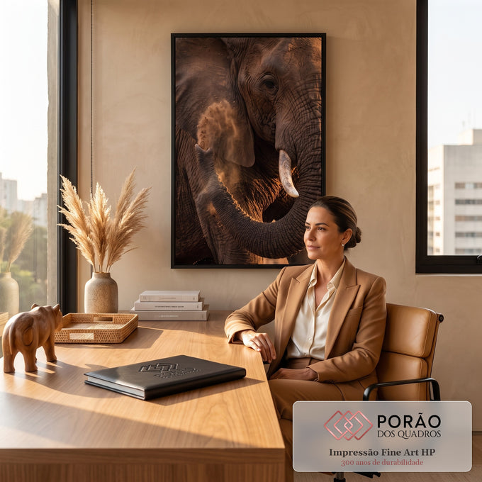 Quadro Decorativo Grande Elefante Jogando para Sala Marrom | quadros decorativos | close de elefante com poeira subindo pela orelha e luz dourada de fim de tarde | em ambiente 2 | Porao dos Quadros