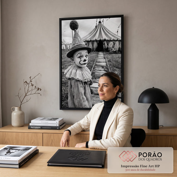 Menino vestido de palhaço com gola de renda diante de tenda de circo em preto e branco, quadro decorativo