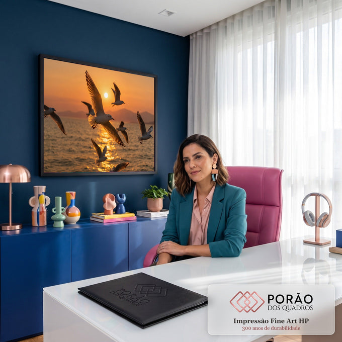 Bando de gaivotas voando sobre o mar ao pôr do sol com reflexo dourado e montanhas, quadro decorativo